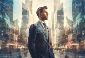 A Double Exposure of a Businessman in the Cityscape Embodies Success and Future Plans photo