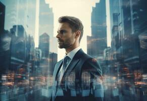 A Double Exposure of a Businessman in the Cityscape Embodies Success and Future Plans photo