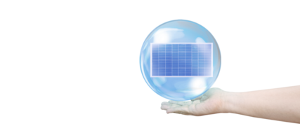 Solar panels in bubbles floating in hand floating in the air concept of solar energy Clean energy. PNG transparent