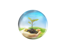A young tree in the palm of your hand. Investment. Environmental protection in the view of bubbles. PNG transparent