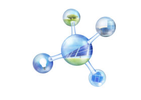 Solar panels on blue sky, solar power plant, blue solar panels, renewable energy source, solar farm in molecular view  PNG transparent