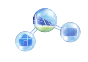 Solar panels on blue sky, solar power plant, blue solar panels, renewable energy source, solar farm in molecular view  PNG transparent