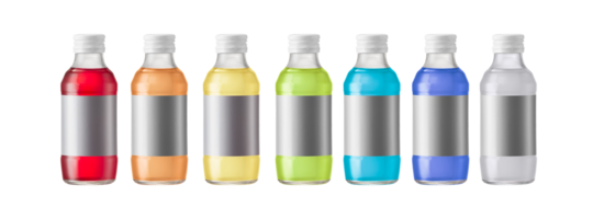 Set of different colored mineral salt bottles with empty labels. PNG transparent