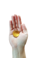 Empty gold coin in male hand PNG transparent