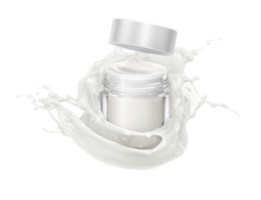 The cream jar is surrounded by splashes of milk PNG transparent