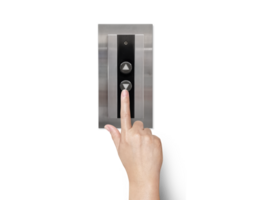 A woman's hand is using her finger to press the elevator button. PNG transparent