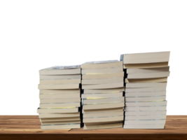 stack of books on wooden table isolated PNG transparent