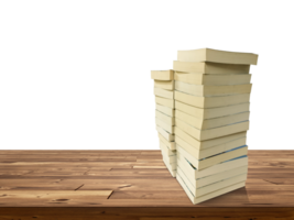 stack of books on wooden table isolated PNG transparent