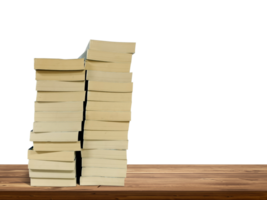 stack of books on wooden table isolated PNG transparent