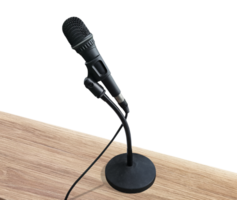Microphone on stand on wooden table isolated PNG transparent