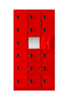 Deposit red locker boxes or gym lockers inside of a room with one central opened door PNG transparent