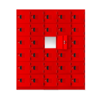 Deposit red locker boxes or gym lockers inside of a room with one central opened door PNG transparent