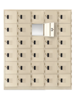 Deposit  locker boxes or gym lockers inside of a room with one central opened door  PNG transparent