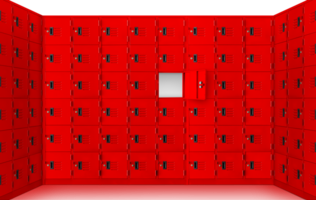 Deposit red locker boxes or gym lockers inside of a room with one central opened door PNG transparent