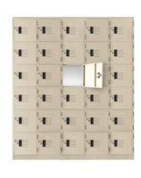 Deposit locker boxes or gym lockers inside of a room with one central opened door PNG transparent