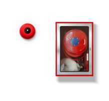 Fire extinguishers and warning bells for fire protection on cement walls PNG transparent