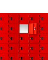 Deposit red locker boxes or gym lockers inside of a room with one central opened door  PNG transparent