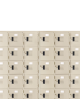 Deposit locker boxes or gym lockers inside of a room with one central opened door  PNG transparent
