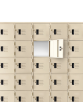 Deposit  locker boxes or gym lockers inside of a room with one central opened door png