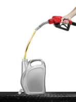 Hand holding the fuel dispenser to add to the plastic gallon. put on steel plate PNG transparent