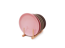 Ceramic plates in wooden stand  isolated PNG transparent