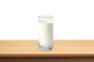 Glass of milk on wooden table isolated PNG transparent