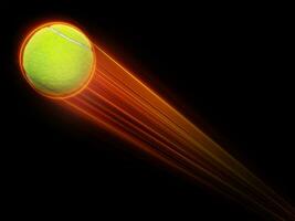 tenis pelota volador con rápido magia efecto en futurista de alta tecnología negro antecedentes. foto