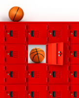 basketbal in kastje met basketbal Aan rood kastje of Open Sportschool kastje PNG transparant