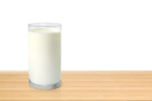Glass of milk on wooden table isolated PNG transparent