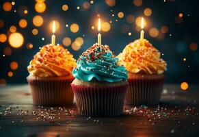 birthday cupcakes with blur background colorful balloons realistic image, ultra hd, high design very photo