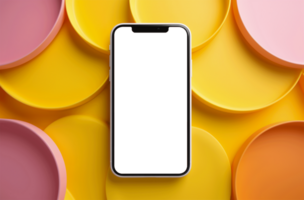 Smartphone with blank screen on colorful circle background AI generated png