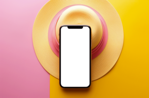 Smartphone with blank screen on colorful circle background. AI generated png