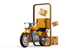 leverans kurir service, uppkopplad handla, motorcykel med paket låda, 3d tolkning png