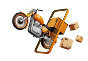 service de messagerie de livraison, achats en ligne, moto avec boîte à colis, rendu 3d png