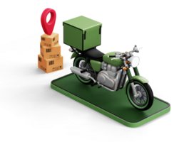 servicio de mensajería de entrega, compras en línea, motocicleta con caja de paquetes, renderizado 3d png