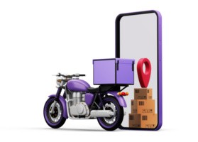 service de messagerie de livraison, achats en ligne, moto avec boîte à colis, rendu 3d png