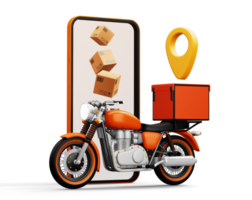 serviço de correio de entrega, compras online, motocicleta com caixa de encomendas, renderização em 3d png
