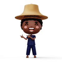 Happy asian farmer wearing mauhom shirt and bamboo hat pointing finger, 3d rendering png