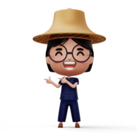 Happy asian farmer wearing mauhom shirt and bamboo hat pointing finger, 3d rendering png