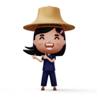 Happy asian farmer wearing mauhom shirt and bamboo hat pointing finger, 3d rendering png