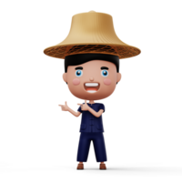 Happy asian farmer wearing mauhom shirt and bamboo hat pointing finger, 3d rendering png