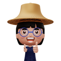 Happy asian farmer wearing mauhom shirt and bamboo hat thumbs up, 3d rendering png