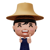 Happy asian farmer wearing mauhom shirt and bamboo hat thumbs up, 3d rendering png