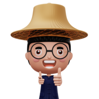 Happy asian farmer wearing mauhom shirt and bamboo hat thumbs up, 3d rendering png