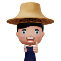 Happy asian farmer wearing mauhom shirt and bamboo hat thumbs up, 3d rendering png