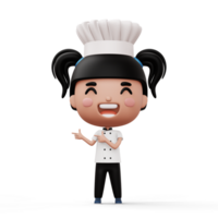 Happy kid chef wearing chef uniform pointing finger, 3d rendering png