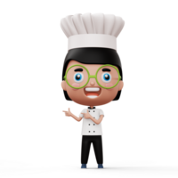 Happy kid chef wearing chef uniform pointing finger, 3d rendering png