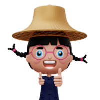 Happy asian farmer wearing mauhom shirt and bamboo hat thumbs up, 3d rendering png