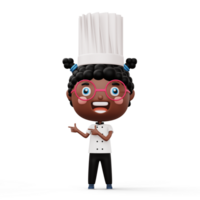 Happy kid chef wearing chef uniform pointing finger, 3d rendering png