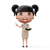 Happy thai teacher wearing civil servant uniform holding a white chalk and a book, 3d rendering png